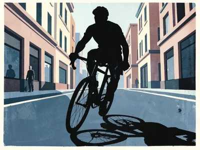 Cyclist in motion on a city street, bold graphic silhouette and cast shadow