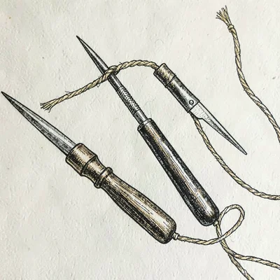 Pen-and-ink illustration of a rope-maker's tools with marlin spike, fid and waxe