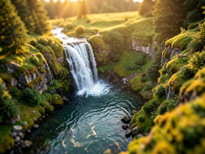Waterfall and river from above, tilt-shift making it look like model terrain