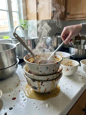 Stacked dirty mixing bowls with layered stains