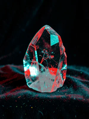 A rock crystal quartz specimen on a dark velvet surface with red and cyan channe