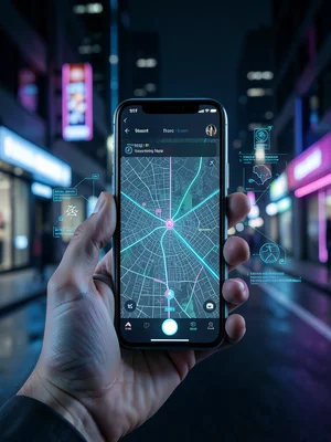 Smartphone held in hand showing a map app, blurred city street behind