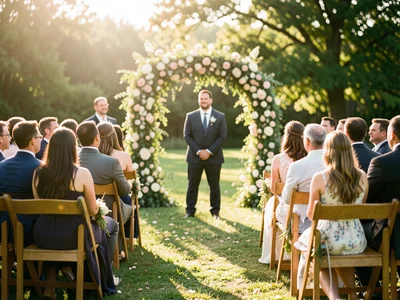 Spring wedding ceremony outdoors, flower arch, guests seated in wooden chairs, g