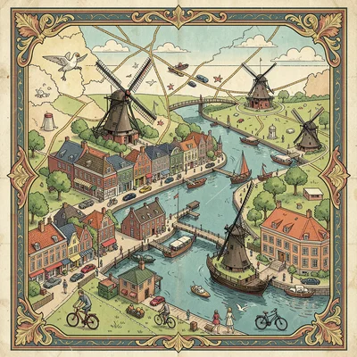 Illustrated map illustration, Amsterdam with canals, bikes, and windmills , pict