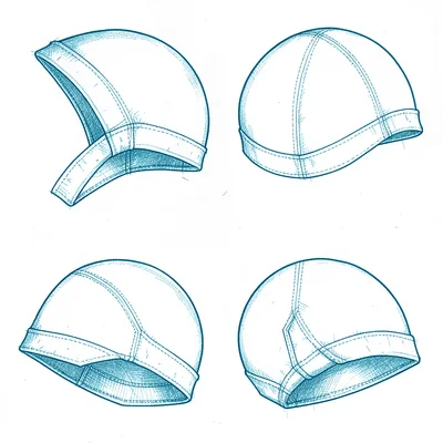 Detail study of a swim-cap seam in crisp ivory ink on cool cyan, multiple angle 