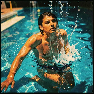 Cross-processed slide film photograph, Swimmer emerging from pool, water streami