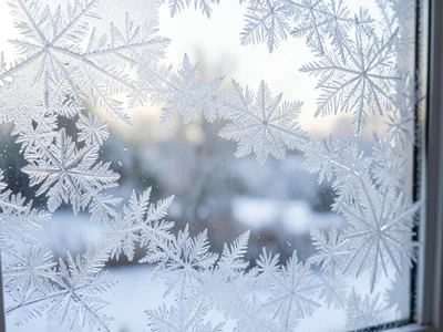 A window partially frosted: clear patches revealing a blurred winter landscape, 