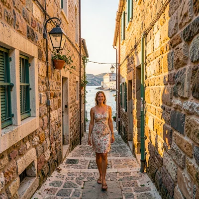 Adriatic limestone warmth, Dubrovnik honey stone, Woman in summer dress walking 