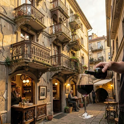 Crumbling Art Nouveau balconies in golden Tbilisi light, wine being poured into 
