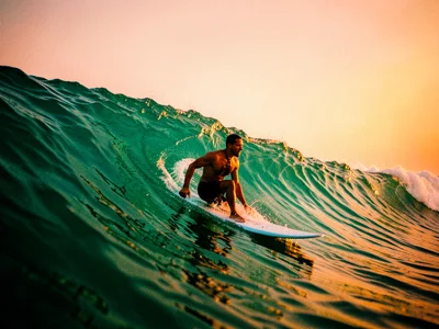 A surfer at golden hour, the wave wall teal-green and translucent, the sky behin