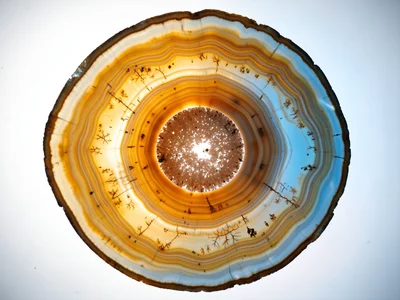 Brazilian agate slice in warm amber tones, concentric fortification banding crea