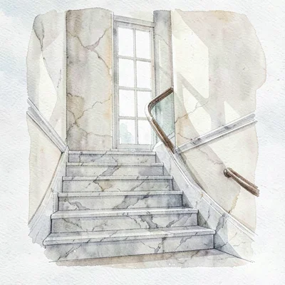 Watercolor of a marble staircase ascending past a tall window