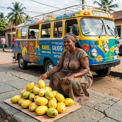 Resilient color in Port-au-Prince, Haiti, Woman selling mangoes on cardboard mat