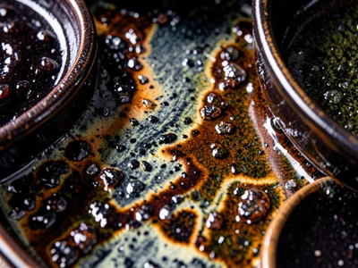 Set of ceramic BBQ sauce pots with different dark glazes