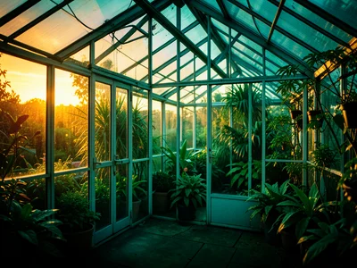 A greenhouse at sunset, the glass catching warm golden light while the interior 