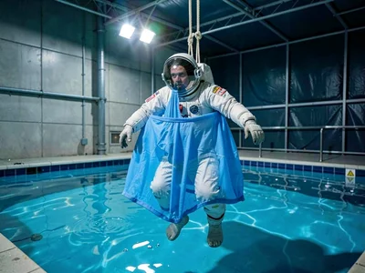 Astronaut in training pool, suspended in blue nothing, rehearsing loneliness