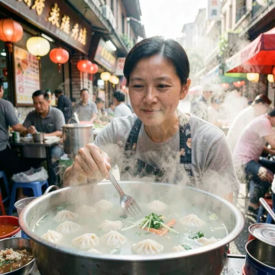 Street food vendor in steam, face emerging from wonton soup mist