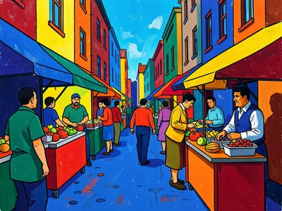 Street market scene — stalls in flat blocks of wrong color, figures simplified t