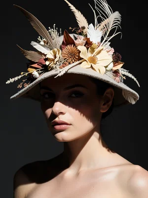 A close portrait — a woman wearing a sculptural hat adorned with dried flowers a