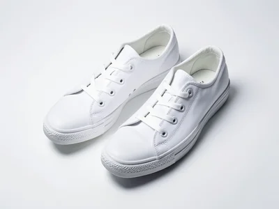A pair of white canvas sneakers, clean and new, seen from slightly above, on a w