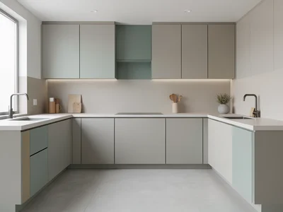 Kitchen scene redesigned in Bauhaus primary colors and geometric shapes