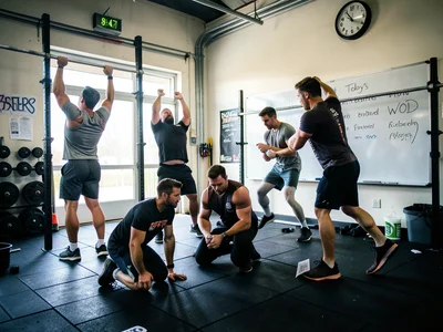 A CrossFit class mid-workout, six people at different stages of the same movemen
