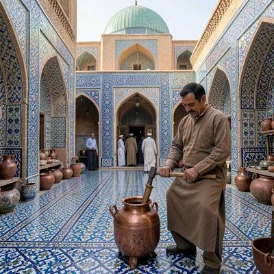 Samarkand blue majolica against Central Asian terracotta, metal worker hammering