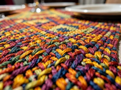 Hand-woven table runner in autumn colors, harvest pattern, set table
