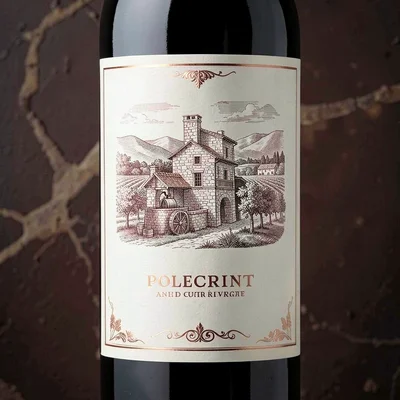 Wine label illustration, Old stone wine press , elegant estate scene, vineyard a