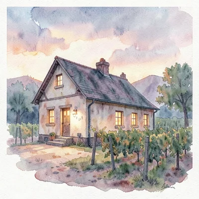 Gouache illustration of a small farmhouse winery at dusk, warm windows glowing, 