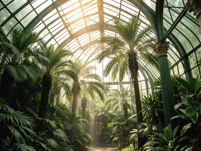 A Victorian palm house: cast-iron columns supporting curved glass, palms reachin