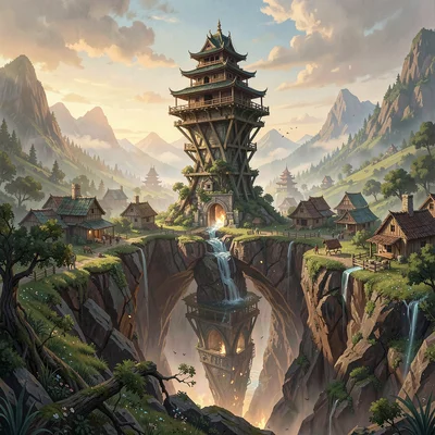 Fantasy environment illustration, an inverse tower descending into earth, surrou