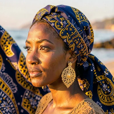 Saturated textile-rich photograph, Close-up of elaborate gold earrings on woman 