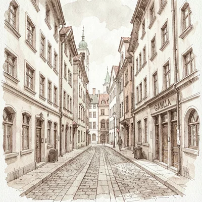 Walking route map through Gamla Stan's narrow lanes in fine sepia ink, scattered