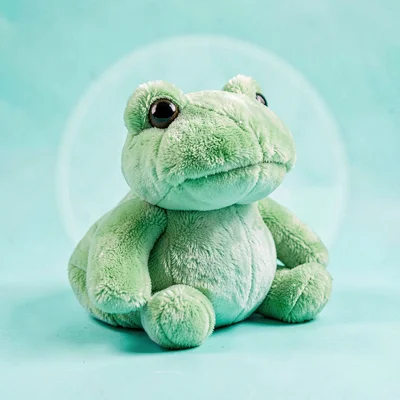 single soft-plush stuffed-frog kid-toy at three-quarter on a saturated mint back
