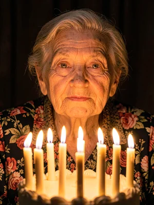 Grandmother's face illuminated solely by ninety birthday candles