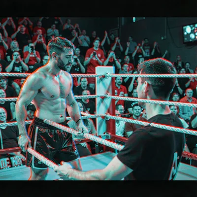 Anaglyphic stereo 3D photograph, Boxer in ring corner between rounds, ropes crea