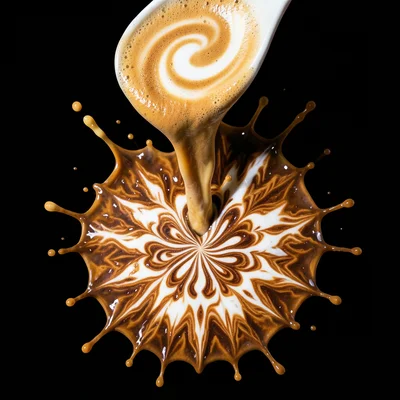 Coffee cream swirl from above, fractal pattern forming in brown and white
