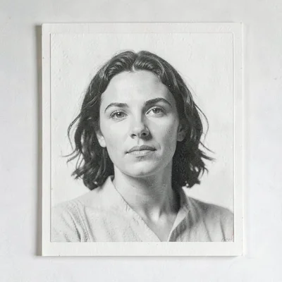 Founder-style portrait card composition with a soft edge frame for a face and br