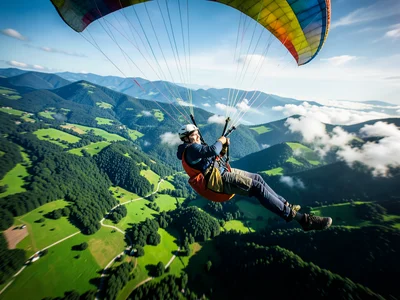 Paraglider soaring over a green valley, wide landscape, pilot visible in harness
