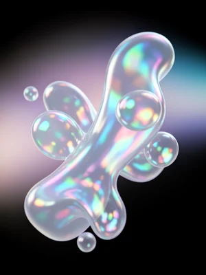 Abstract liquid pour frozen mid-flow, glossy pearlescent surface, on a dark back