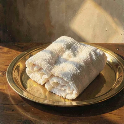 Warm hero of a single rolled face towel on a brass tray, late afternoon honey li