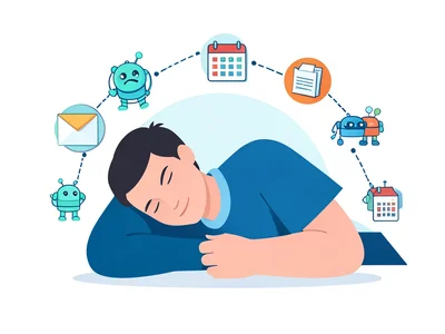 A person sleeping peacefully while automated bots handle tasks shown as small ic
