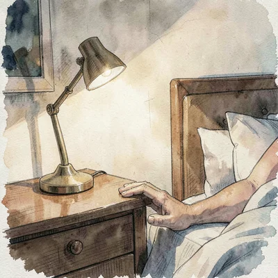 Side-light portrait of a parent's hand resting on the nightstand beside the pare
