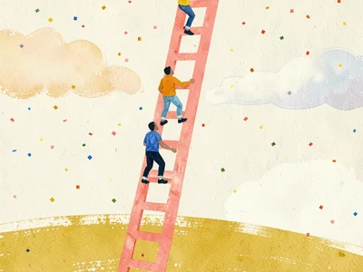 Three figures climb a tall paper-cut ladder painted in coral and mustard against