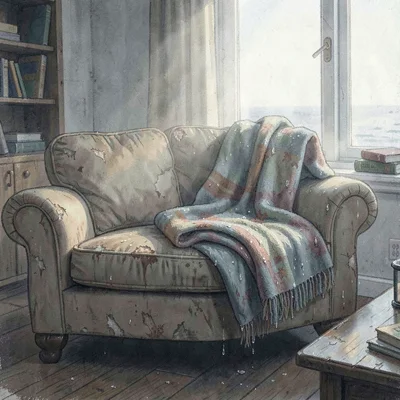 Atmospheric subscription-page hero of a folded blanket on a worn studio sofa, sa