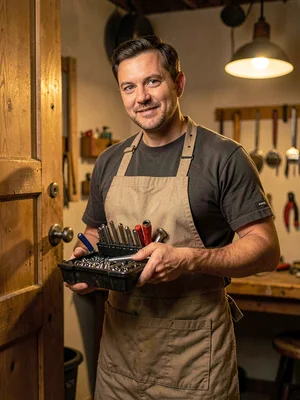 Lamp-lit portrait of a member-fixer holding a hand-tool kit at a workshop door,