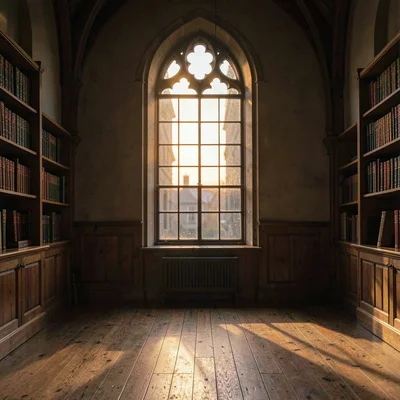 Quiet evening atmospheric of a tall arched library window with warm light spilli