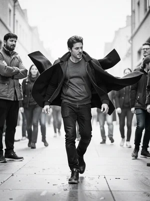 Determination — person walking into personal headwind, coat flying back, everyon