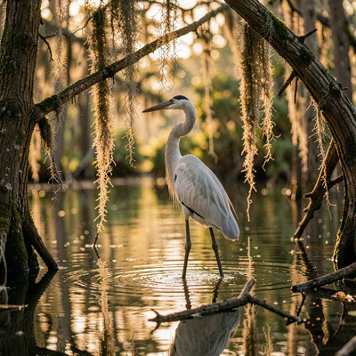 Atmospheric photograph with Louisiana bayou sensibility, A great egret standing 